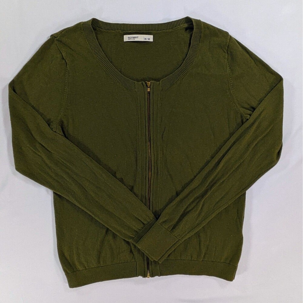 Old Navy Womens Cardigan Med Olive Green Crewneck Full Zip Fairycore Grandpacore